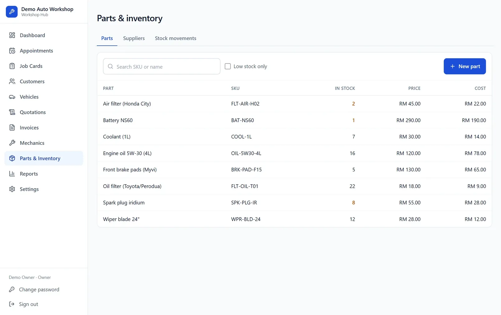 The Workshop Hub parts list with stock on hand, selling price and cost for each part, with low-stock items highlighted.