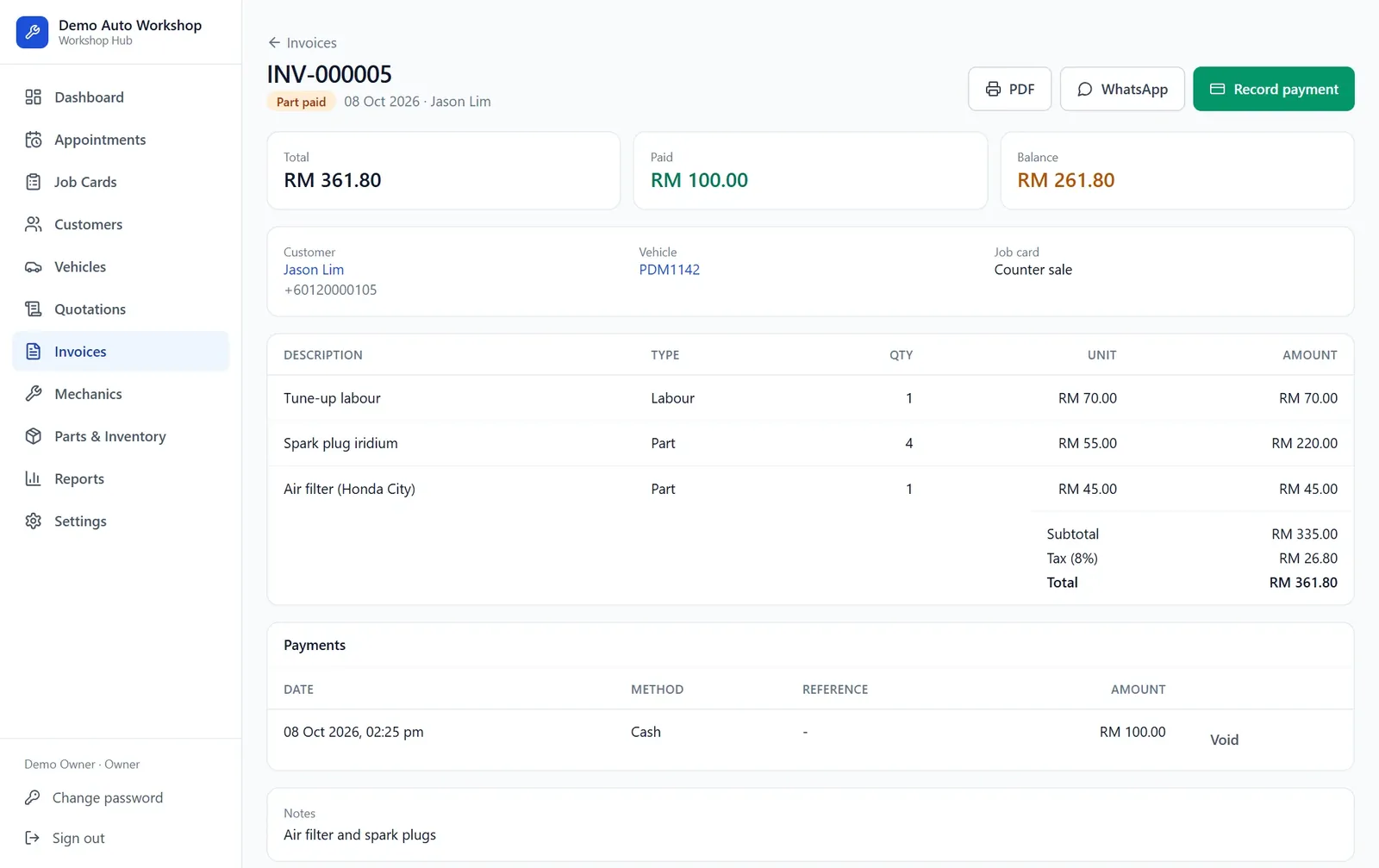 A Workshop Hub invoice with labour and parts lines, SST, total, amount paid and balance, a recorded cash payment, and buttons for PDF, WhatsApp and Record payment.