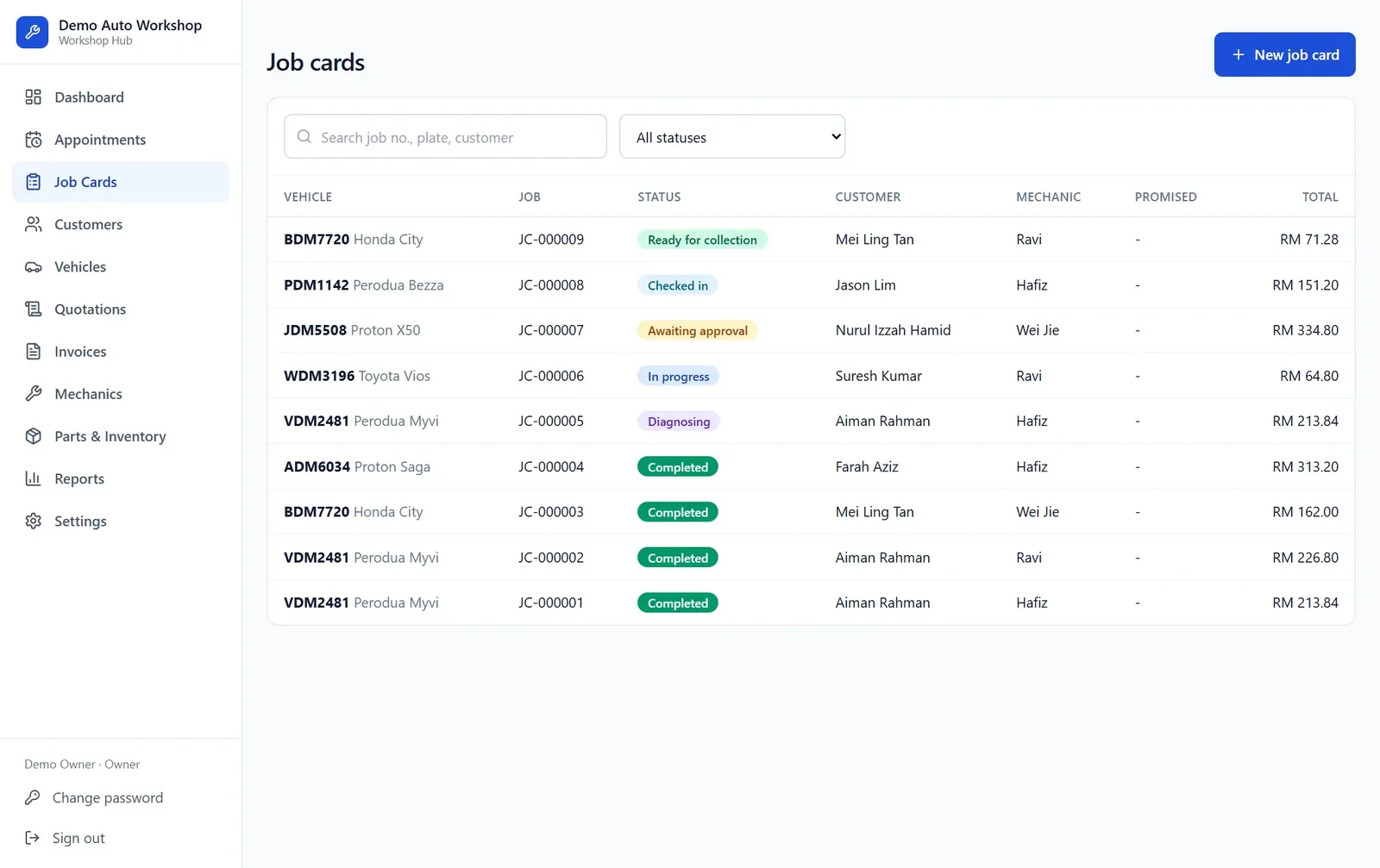 The Workshop Hub job card list showing each vehicle, job number, status such as Diagnosing, Awaiting approval or Ready for collection, the customer, the mechanic and the total.